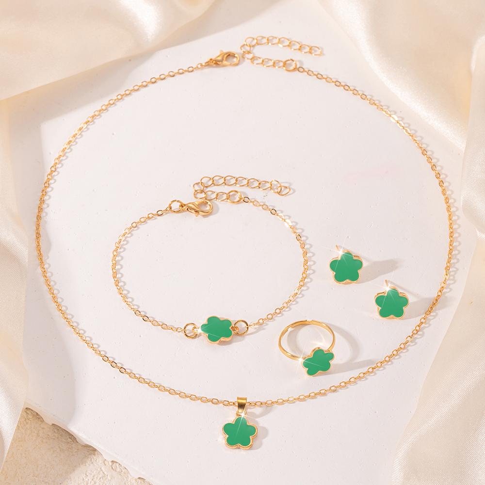 5pcs/set Stainless Steel Lucky Five Petal Flower Zircon SetBracelet Necklace Earrings Zircon Set, Perfect For Giving Gifts