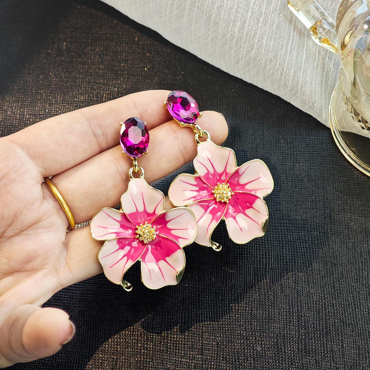 Silver Needle Rhinestone Drip Oil Flower Earrings - Sweet Spring Style for Women