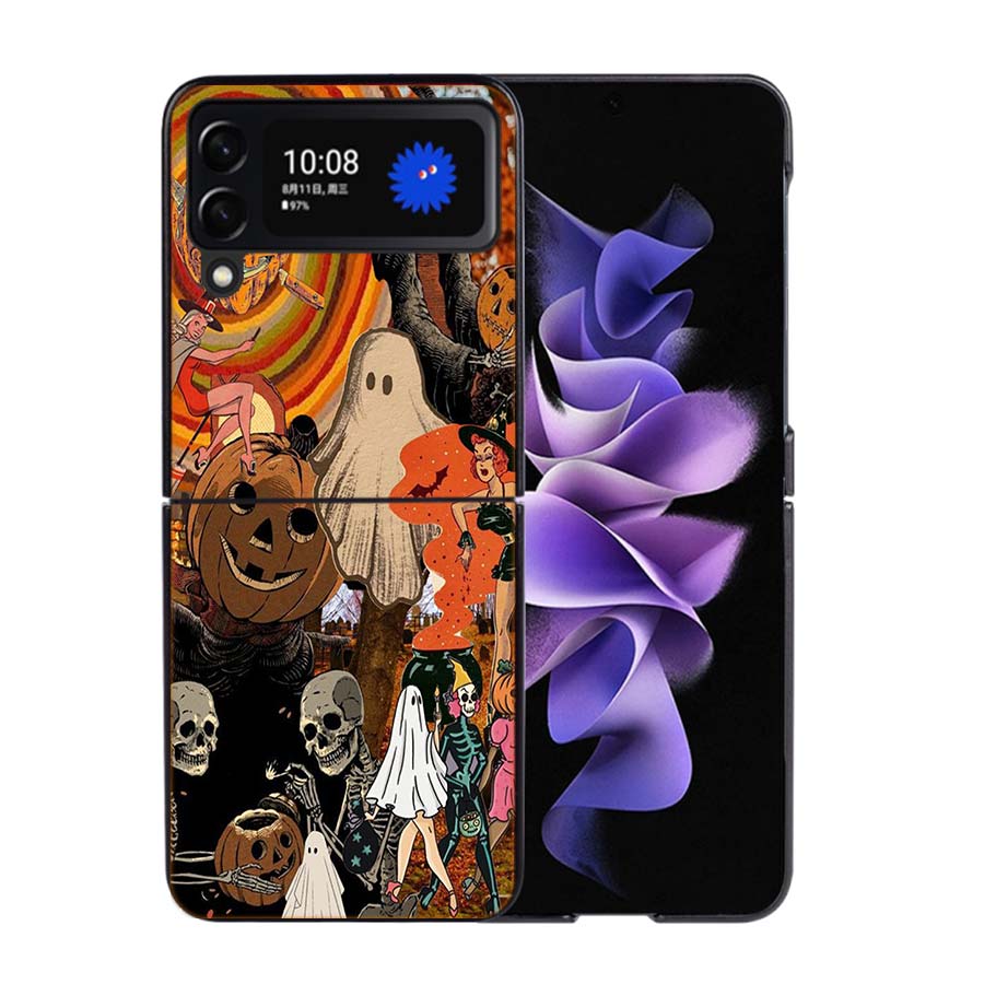 Halloween Herbst Kunst Hexe Katze Handyhülle Für Samsung Z Flip 7 6 5G Galaxy Z Flip4 Z Flip5 Z Flip3 Hülle Schwarze Harte PC Schale Prote