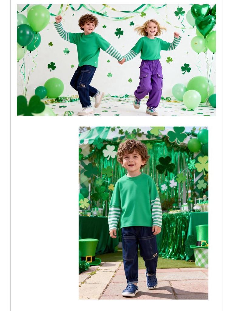 Green Kids' St. Patrick's Day Two-Piece Long-Sleeve Shamrock Party Outfit