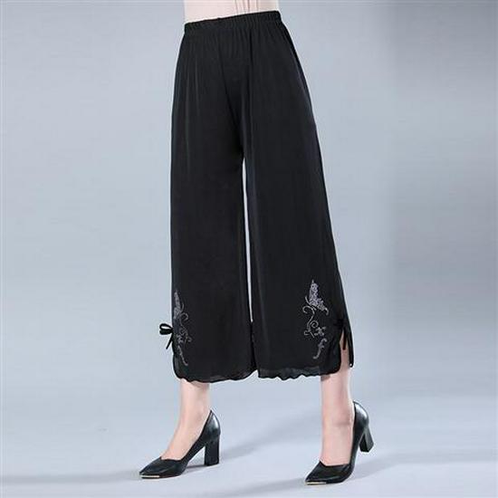 Ice Silk High-Waisted Wide-Leg Cropped Pants with Rhinestones for Women - Plus Size, Summer Casual
