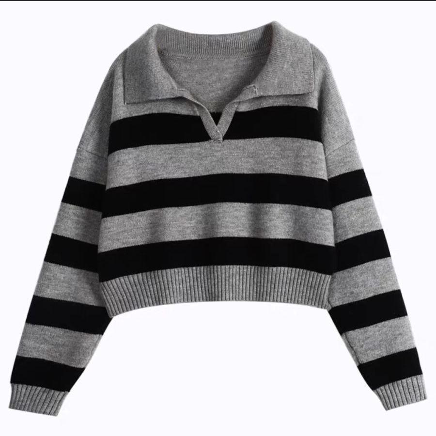 

Пуловер в ленивый полосатый свитер, женский осенний нежный мягкий клейкий трикотаж, универсальный свитер с короткими рукавами и длинными рукавами, женский пуловер One Size серый