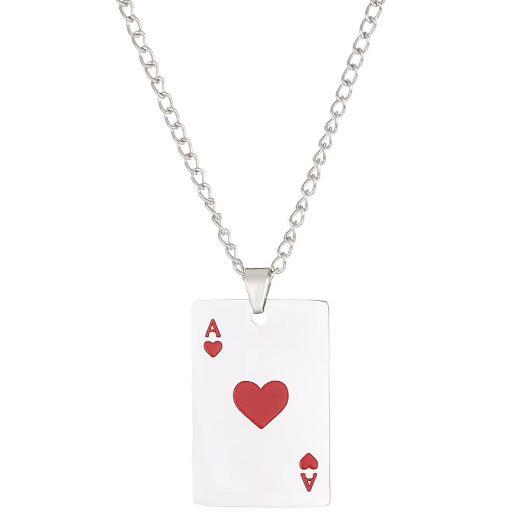Playing Card Pendant Necklace Ace of Hearts Design Stainless Steel Chain Link Adjustable Length Casual Jewelry for Everyday Wear