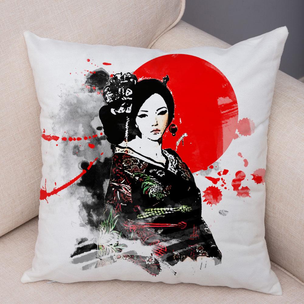 

Japanese Style Ink Cushion Cover Decor Beautiful Scenery Cat Girl Pillowcase Soft Plush Pillow case for Sofa Home Car 45x45cm 40x40cm16x16Inch