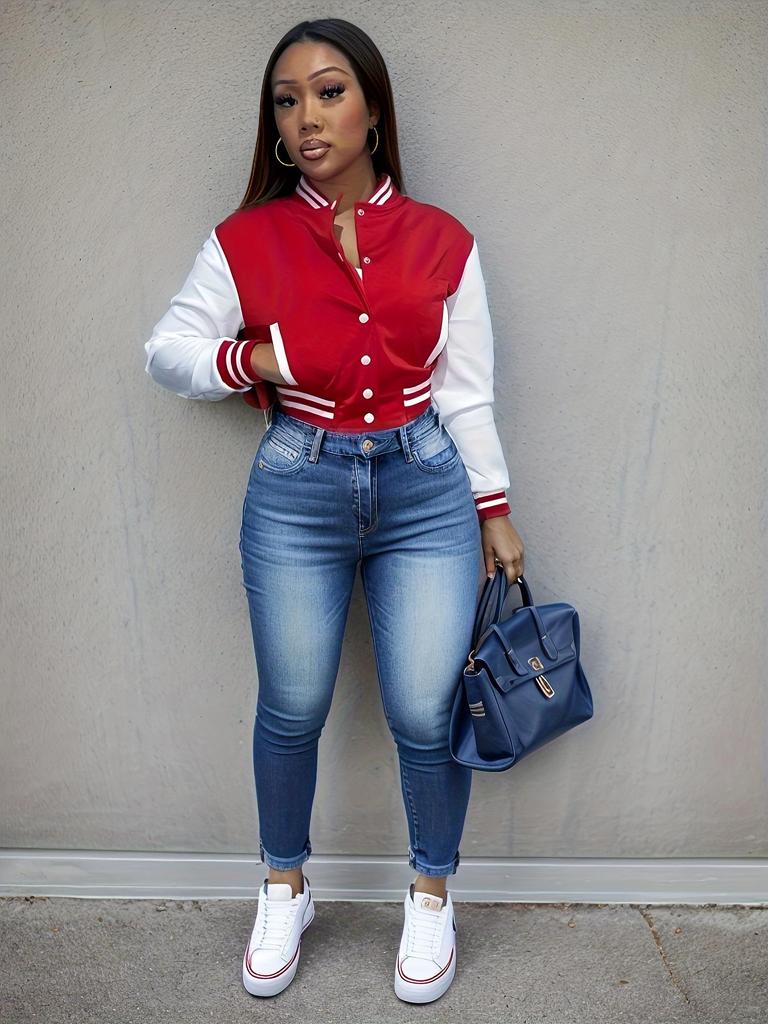 2024 Color Block Single-Breasted Letter Women's Baseball Jacket - Spring/Autumn Collection