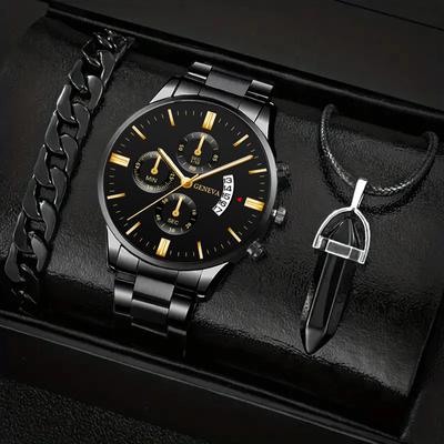 3pcs/set, Men's Fashion Calendar Quartz Watch, Sports Men's Round Dial Stainless Steel Wrist Watch, And Men Bracelet And Men Necklace