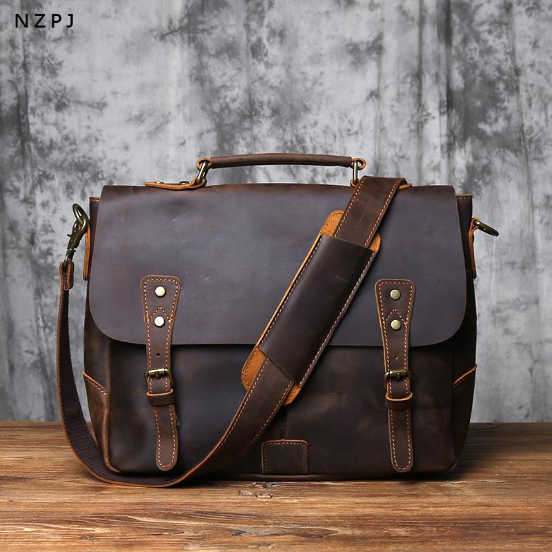 Retro Top Layer Leather Men's Handbag Crazy Horse Leather Casual Shoulder Messenger Bag with Horizontal Compartment for Men