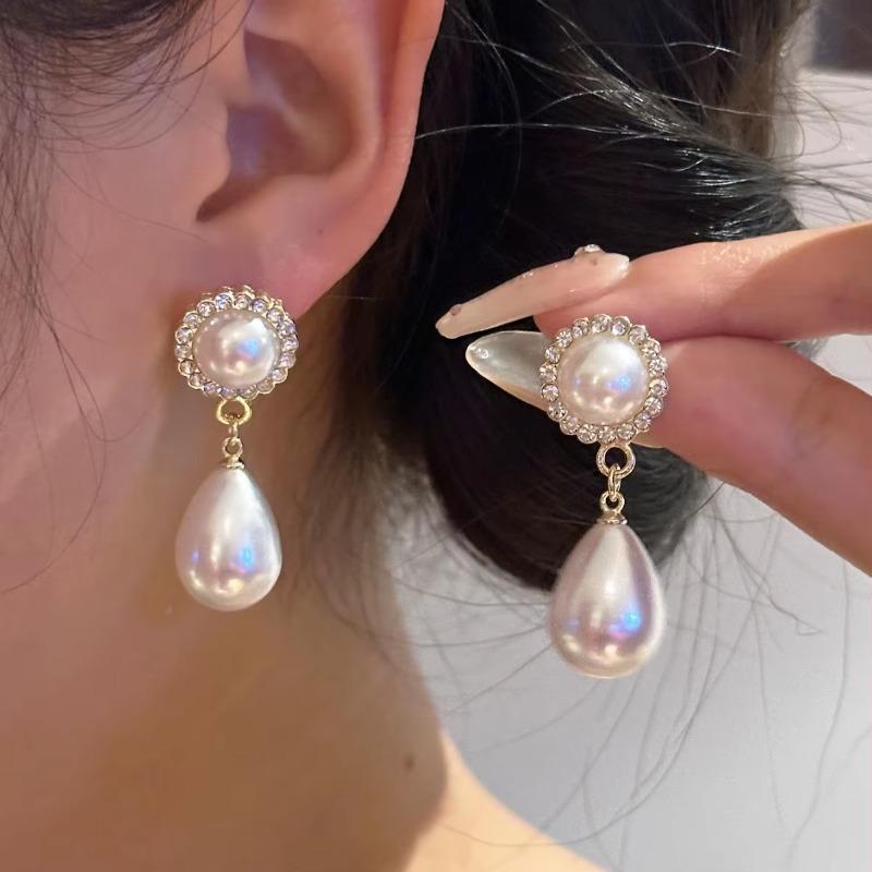 Damen Mädchen Elegante Trendige Wassertropfen Perlenohrringe Einfache Funkelnde Diamantohrringe Temperament Ohrringe