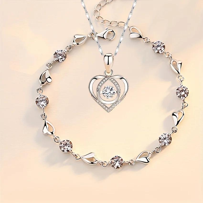 2pcs/set 925 Silver Heart Bracelet Necklace Jewelry Set for Women Korean Adjustable Charm Bracelet Luxury Party Jewelry