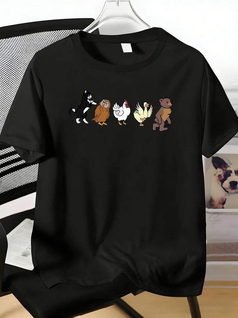 Mens Tee Cute Row Of Cartoon Cat Owl Chicken Duck Bear Print Cotton Short Sleeve Male Casual St