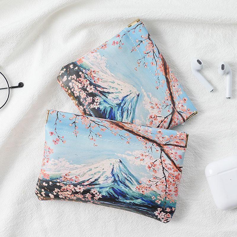 Oil-painting Fabric Auto-open Mini Makeup Pouch, Fits Cables, Charger, Lipstick & Earbuds, Artistic & Portable.