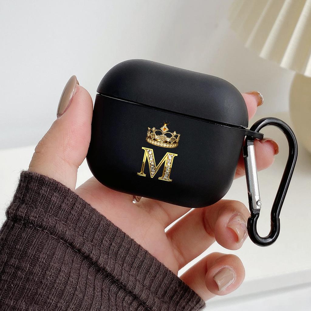 Diamond Crown Letter 26 With Hook Case For AirPods 2 3 1 Cases For Apple AirPods Pro 2 Coque Black TPU Soft Earphone Cover