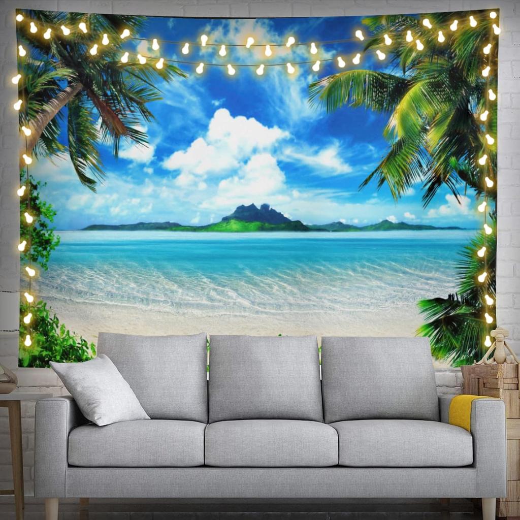 Ocean Beach Tapestry Wall Hanging Natural Landscape Tapestry Sky Seaside Tropical PalmTrees Island Tapestries Party Decor Banner