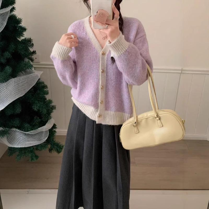Real early spring new retro color matching v-neck plush knitted cardigan women's loose long-sleeved knitted jacket
