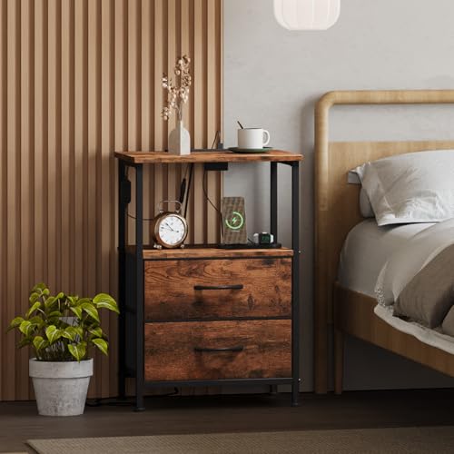 Somdot Bedside Table, Side Table, Nightstand, Chest of Drawers, Stylish Storage, USB Port & Outlet, Shelf, Drawer, 42cm Wide, 30cm Deep, 61cm High, Fa