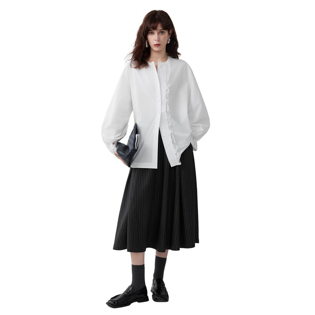 [ELLE] Women's Blouse, 100% Cotton, Lace Placket, Raglan Sleeves, Pleated Sleeves, White, Long Sleeves, Elegant, Stylish, Sizes S, M, L