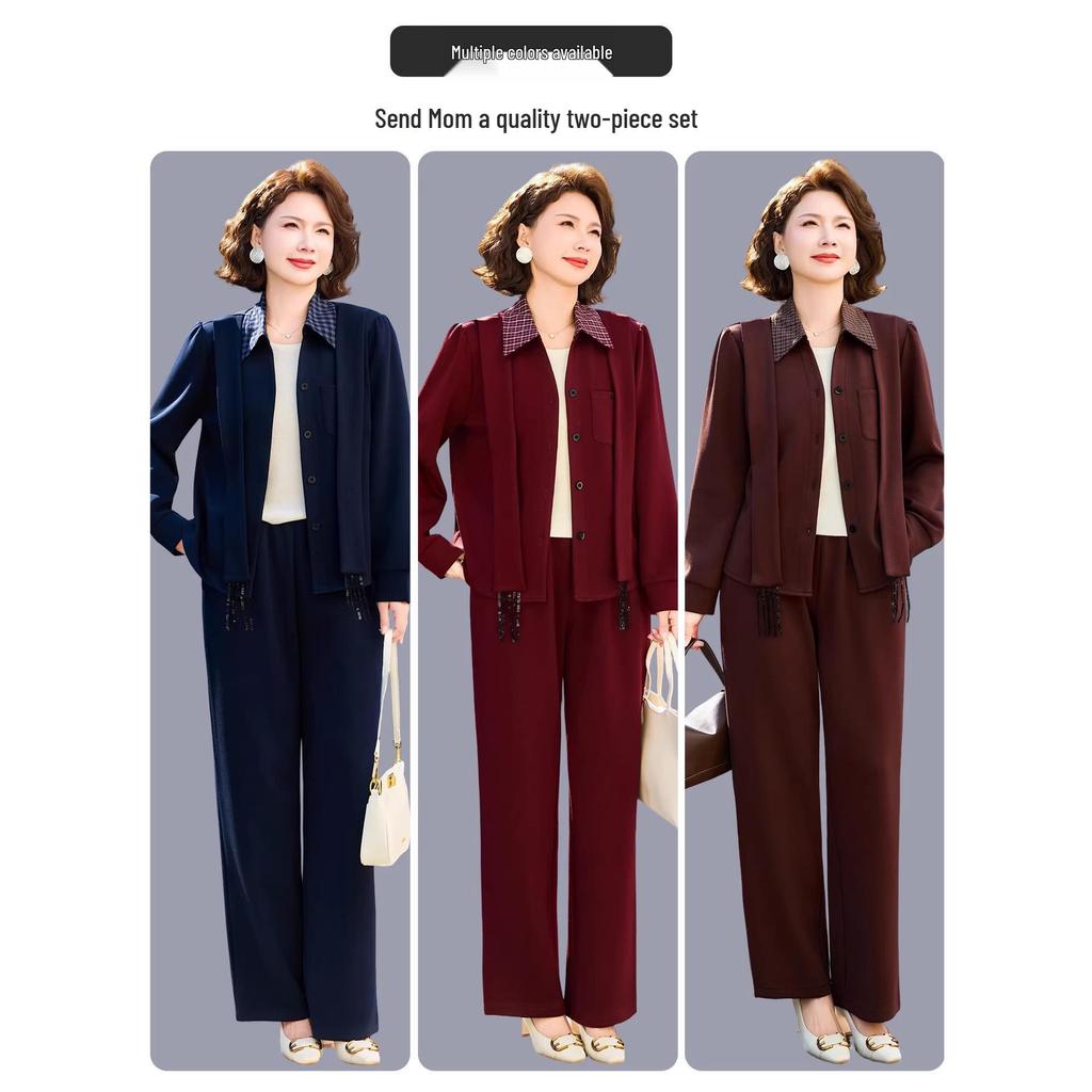 Sophisticated Spring & Autumn Two-Piece Set for Middle-Aged and Elderly Women - 2026 New Style Lapel Shirt Set