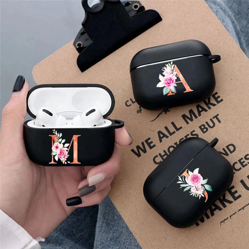 

Черный силиконовый чехол для Apple Airpods Pro 3 2 1 Flower A To Z 26 с инициалами и буквами Bluetooth, чехлы для беспроводных наушников Airpod Cover