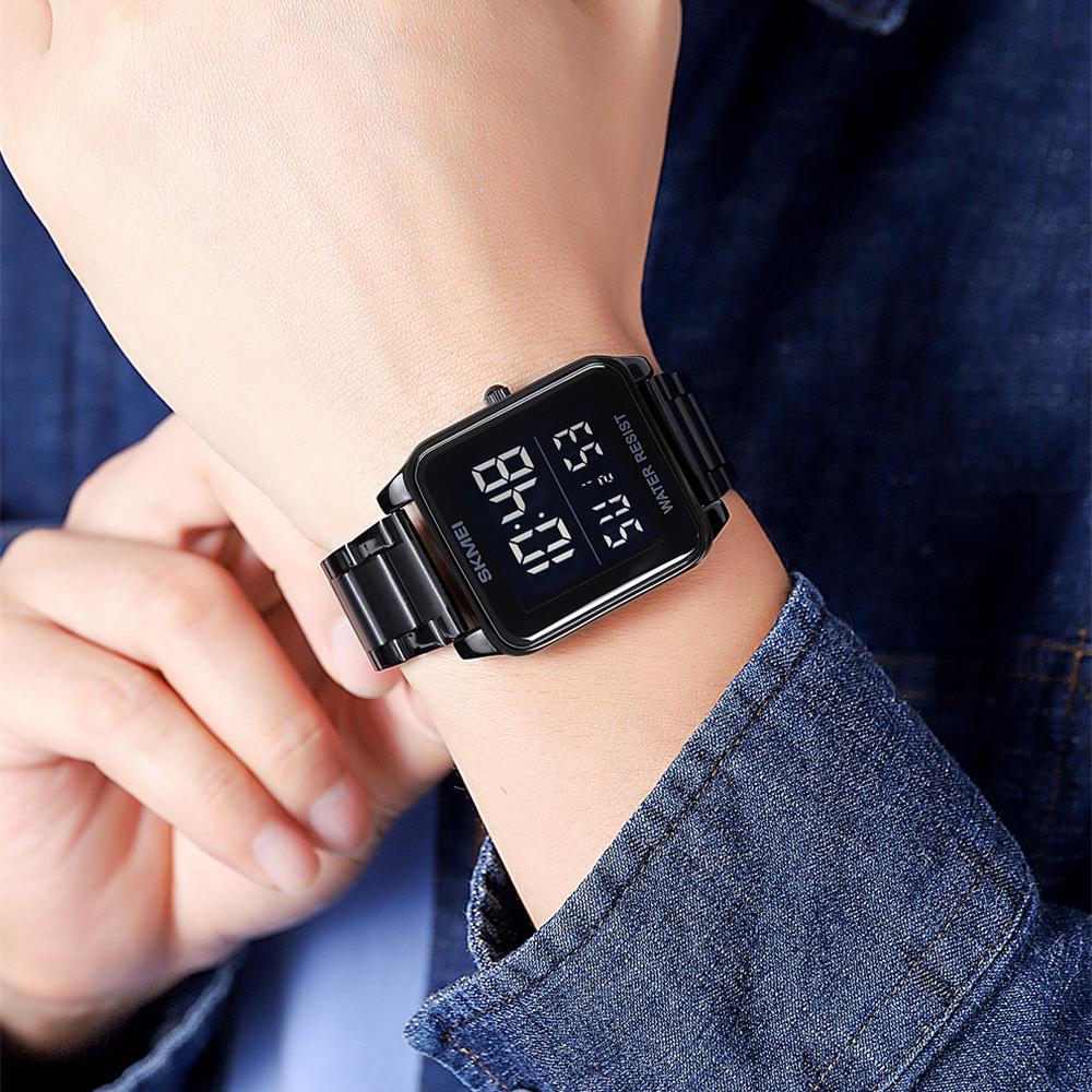 SKMEI 2154 Stainless Strap 3Bar Waterproof Digital Fashion Square Sport Men's Watches Top Brand LED Electronic Luxury Wristwatch