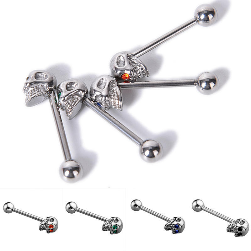14G Edelstahl Cz Edelstein Totenkopf silbrig Zungenhantel Ring Bar Körperpiercing