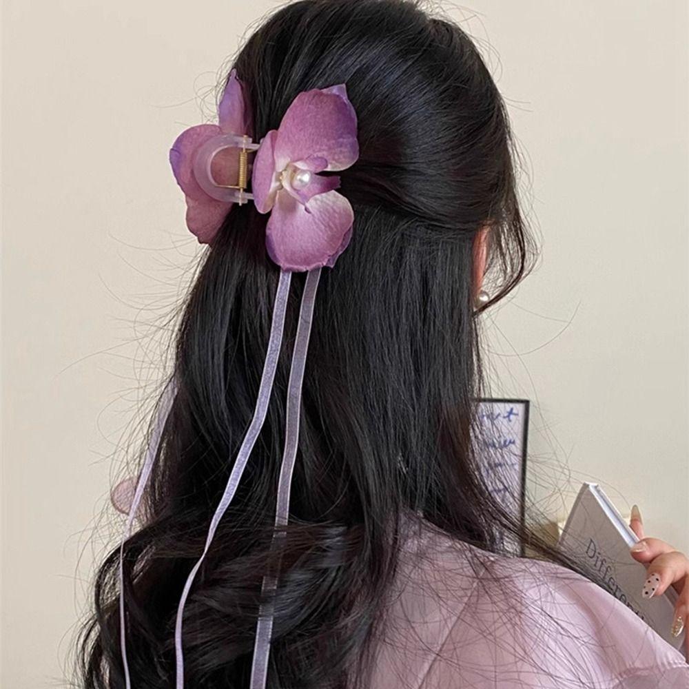 Pearl Flower Hair Claw Butterfly Orchid Large Shark Clip Cute Orchid Hair Clip  Girl