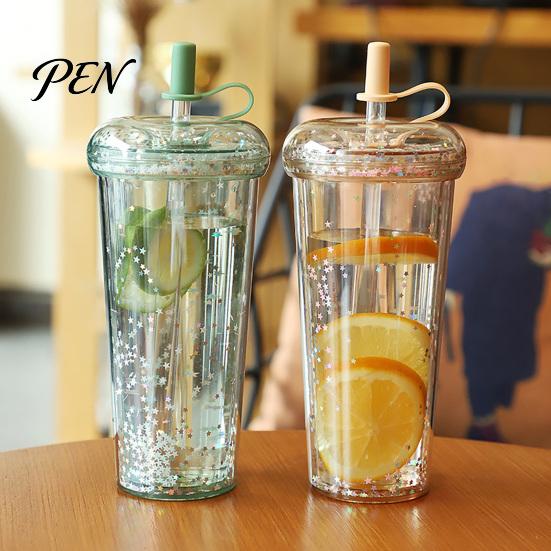 Handheld Drinkware for Campus Transparent Straw Cup, with Sequins Decor And Leak Proof Cute Milk Tea Cup Girls Lid, Reusable Plastic Sippy Students