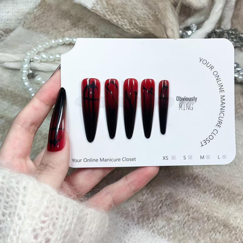 Winter Gothic Red & Black Gradient Press-on Nails: Mysterious Long Detachable Tips