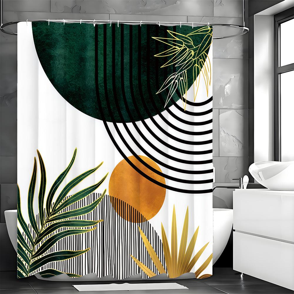 Abstract Mid-Century Shower Curtain, Modern Bohemian Sun Leaf Half Circle Curve Aesthetic Botanical Bathroom Decorative Shower C