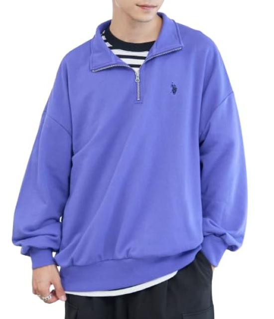WEGO Long Sleeve Size by POLO Featuring a Unique Embroidered Perfect for Korean or As a Gift for or Men's Half-Zip Sweatshirt, Purple, M, U.S. ASSN.,