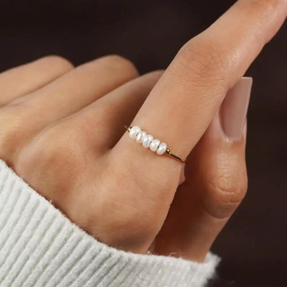 Mariasz Minimalist Dainty Five Simulated Pearls Stainless Steel Rings for Women Stackable Gold Knuckle Jewelry Waterproof
