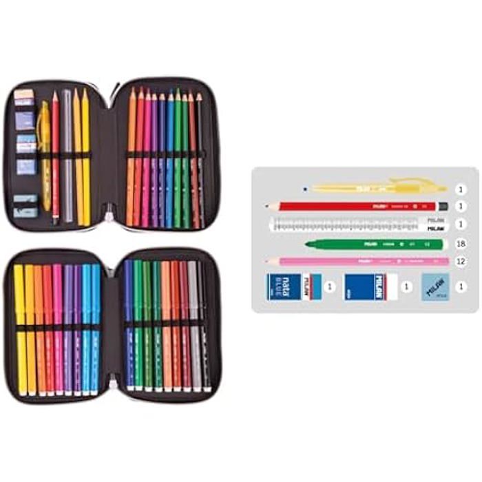 Plumier 2 étages - MILAN - Aliens - Multicolore - Contenu complet - Tissu synthétique