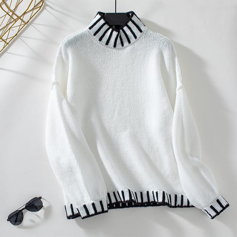 Women Loose Striped High Neck Long Sleeve Knit Pullover Casual Sweater Top