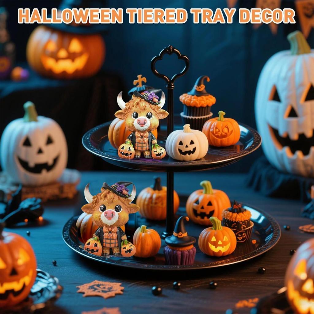 Halloween Highland Cow Figurine Halloween Highland Cattle Dwarf Resin Statue Home Desktop Porch Decoration Halloween Decor