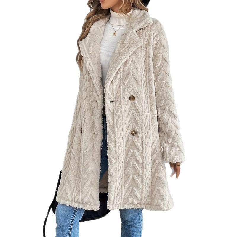 Double-Breasted Plush Cardigan Coat for Women - Mid-Length with Pockets and European-American Style