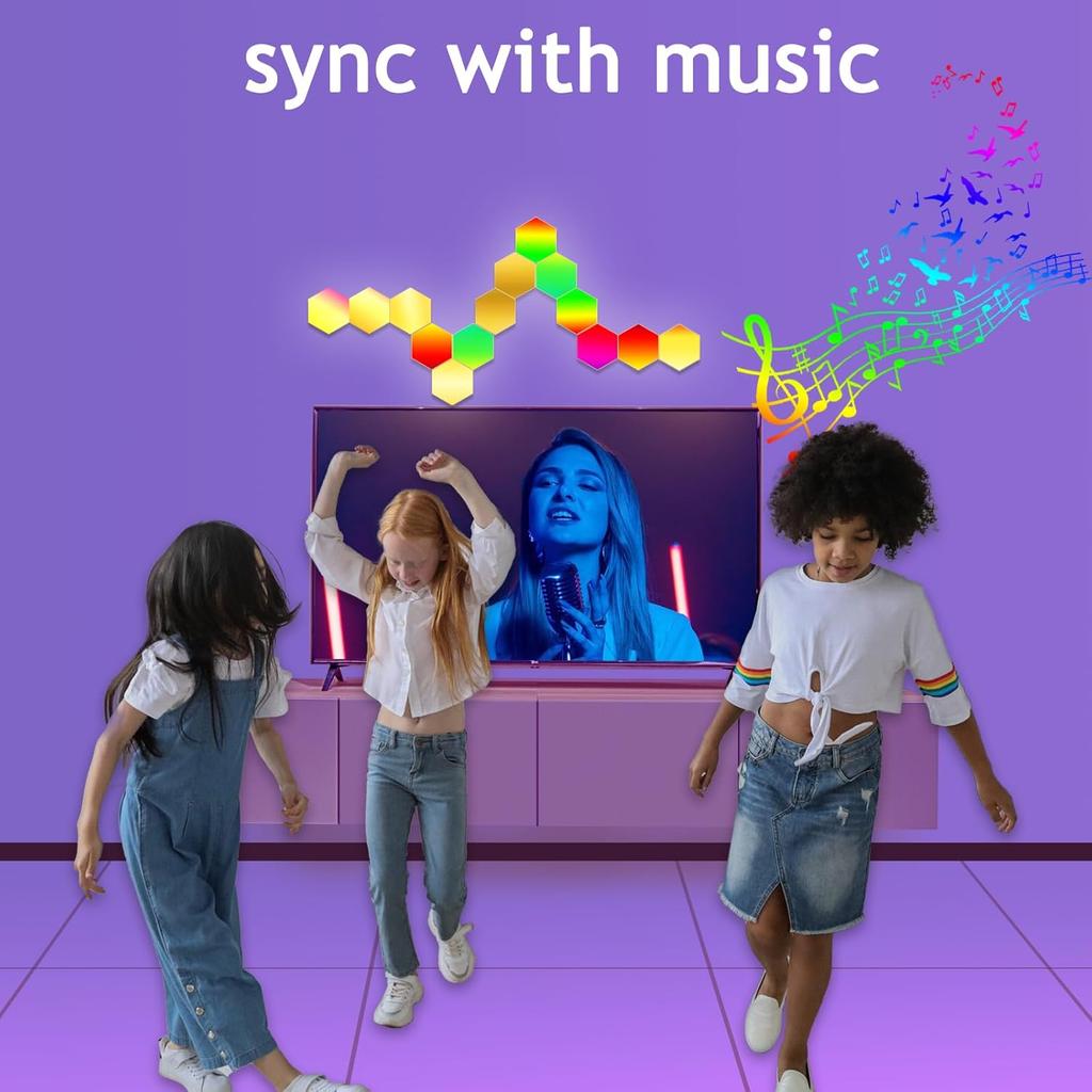 8 Pack Hexagon Lights for Wall LED, Hexagon LED Lights That Sync with Music, APP & Remote Controls Hex Lights, RGB LED Wall Panels for TV, Bedroom,