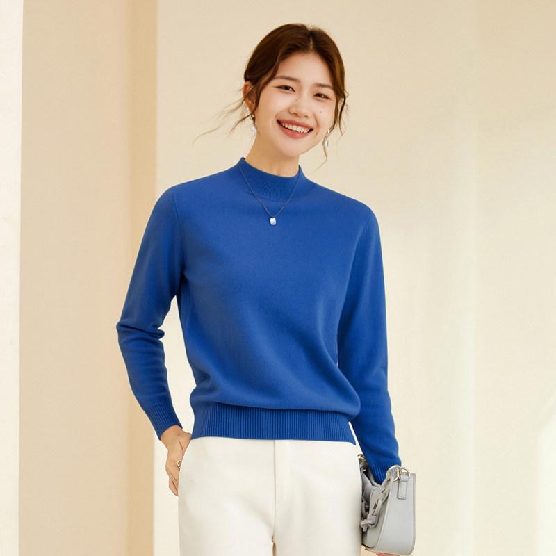 Women's Pure Wool Half-High Neck Knit Sweater - Solid Color, Warm Autumn/Winter Pullover