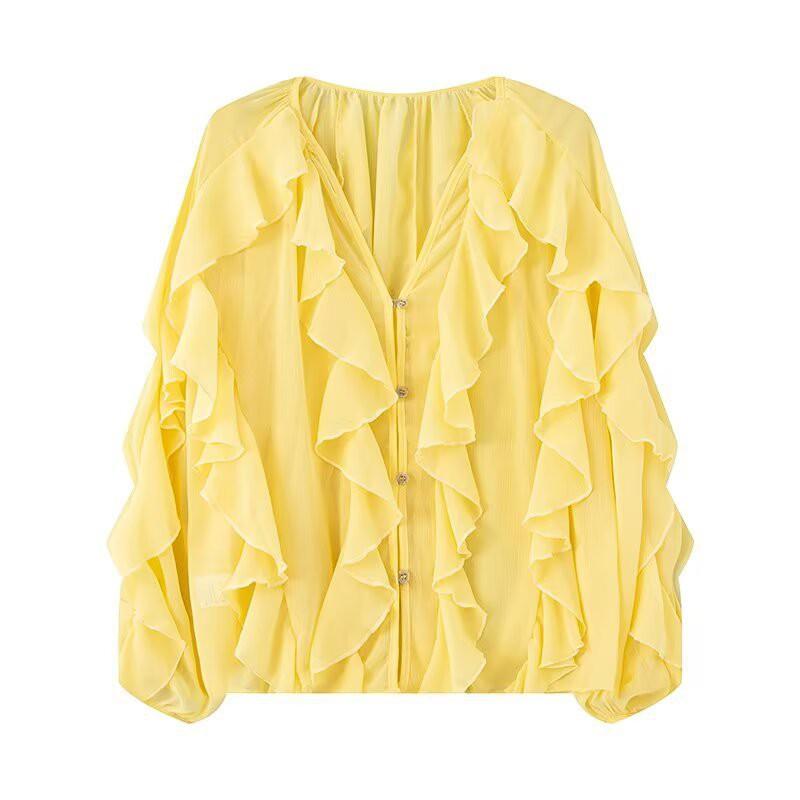Womens V-Neck Layered Ruffle Pleated Blouse Loose Fit Street Style Long Sleeve Shirt In Solid Colors
