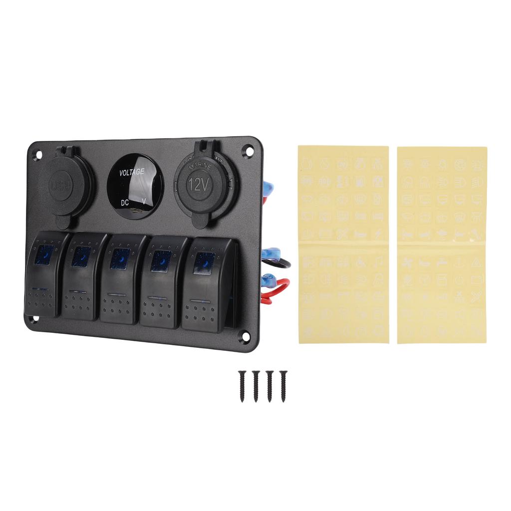 5 Gang Rocker Switch Aluminum Panel with Blue Backlight Dual USB Ports Volt Meter Waterproofing On Off Toggle Switch