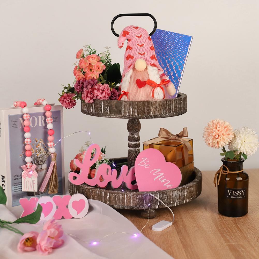 Love Wood Beads Garland Valentine’s Day Tiered Tray Decors Beaded Garland with Tassels Pendant Party Home Decoration Accessories