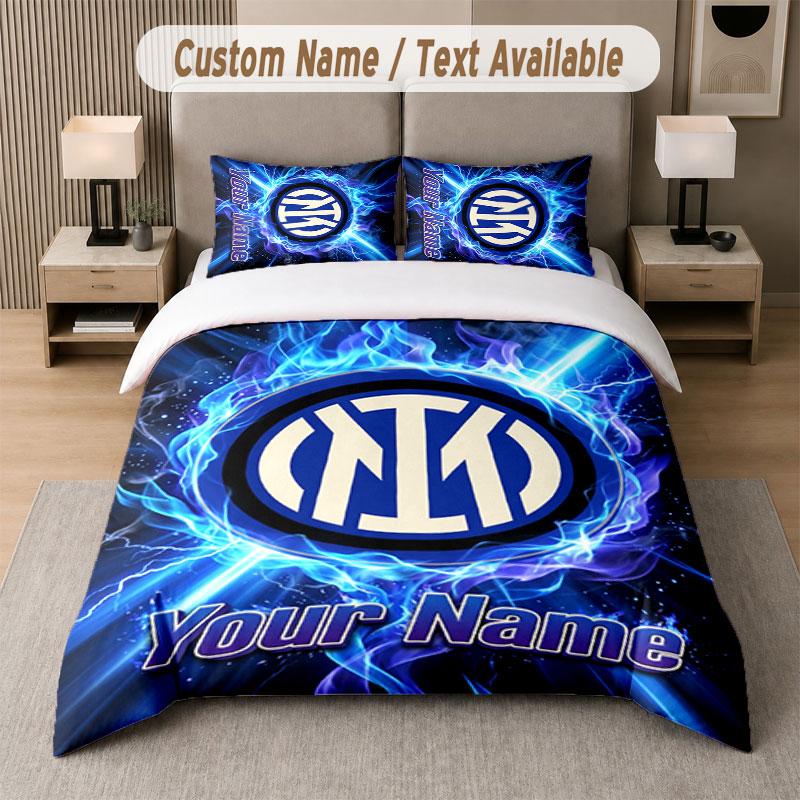 Set Biancheria da Letto Personalizzato Modello Inter Milan, Stampa Nome Testo 1 Copripiumino più 2 Federe Tessile per la Casa