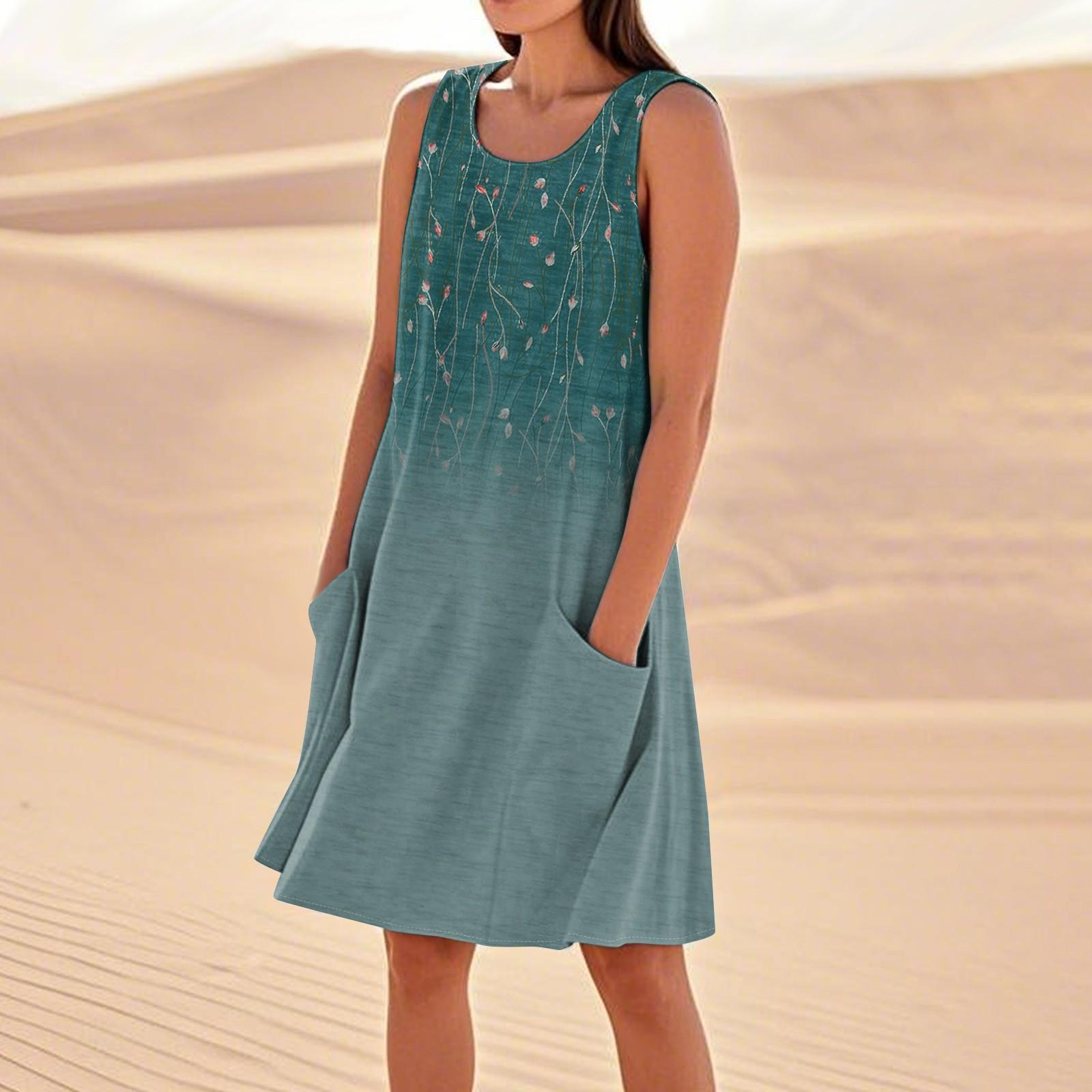 

Літні сукні для жінок Вільні пляжні повсякденні сарафани без рукавів з кишенями Сукня-майка XXL