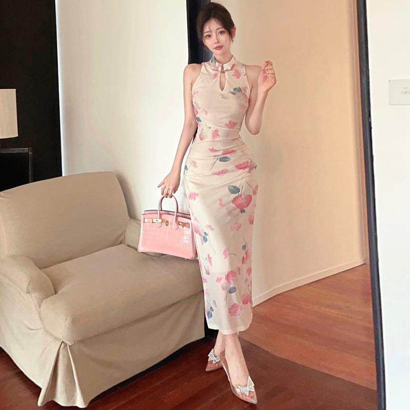 Women's Clothing Retro Elegant Medium and Long Improved Cheongsam Flower Jumpsuit