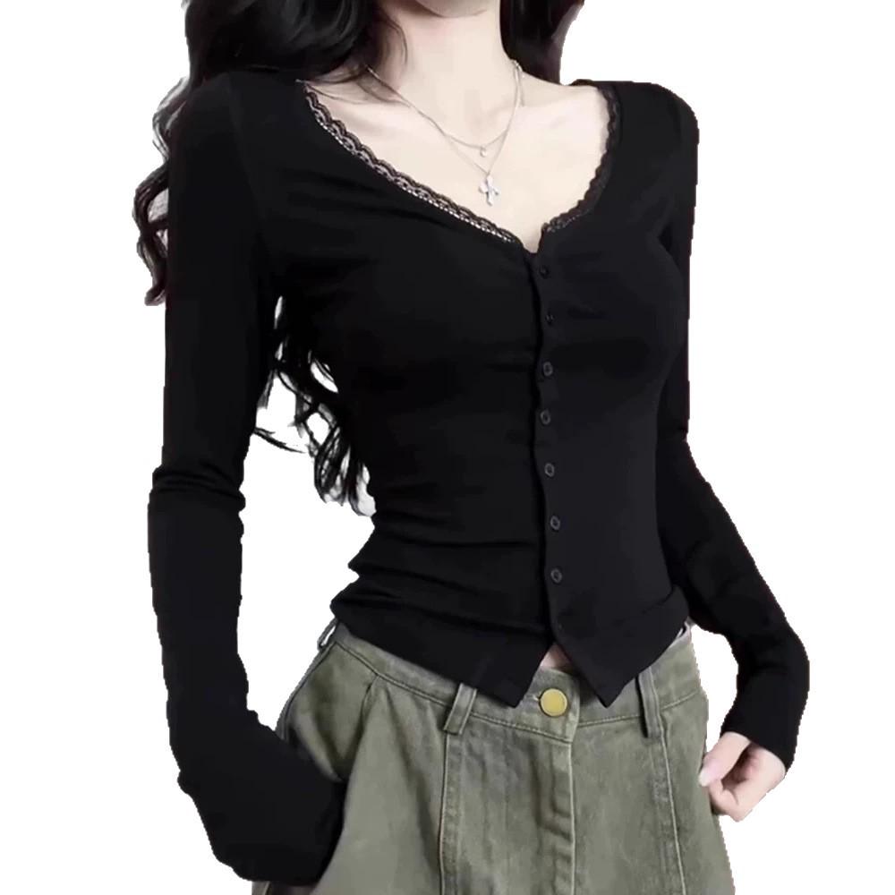 Women's Black V-Neck Long-Sleeve T-Shirt - 2026 Edition, Low-Cut Short Base Layer for a Stylish, Bold Look