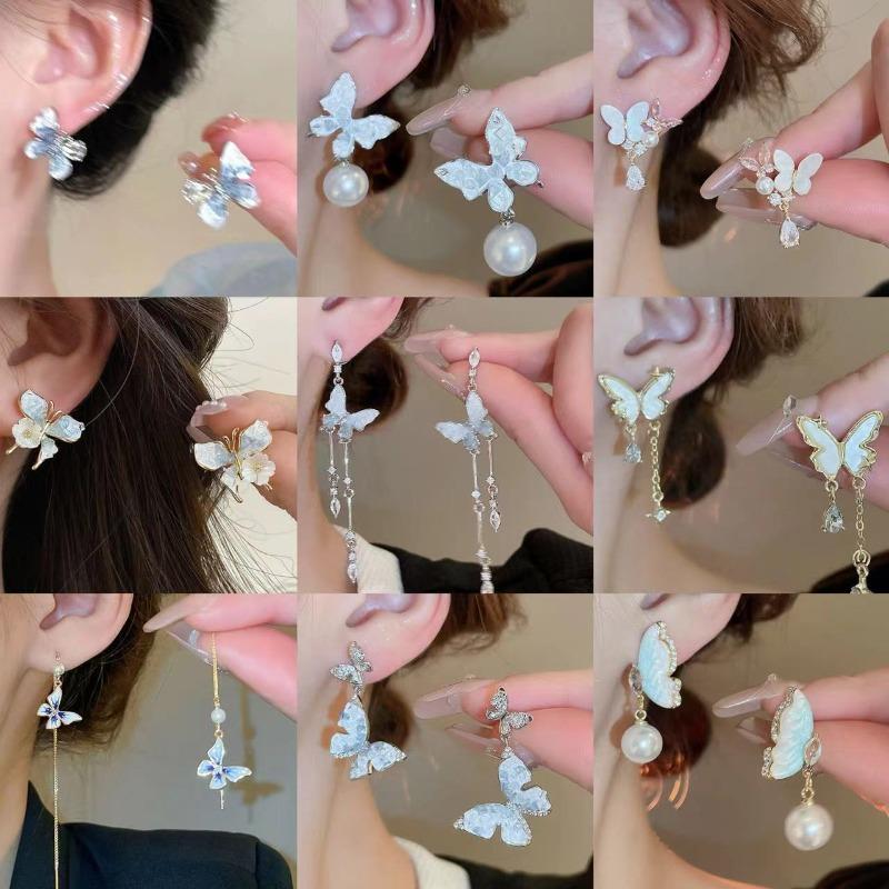 Silver needles small fresh gradual change artificial crystal butterfly stud earrings ear buckle explosion atmosphere flower earrings earrings women