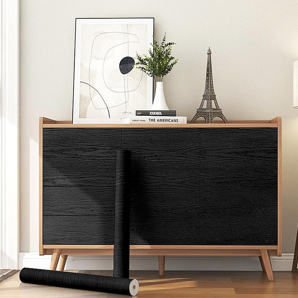 Black Wood Contact Paper Peel and Stick Self-Adhesive Wallpaper,Decorative Vinyl Film for Countertop Cabinets,Easy to Clean
