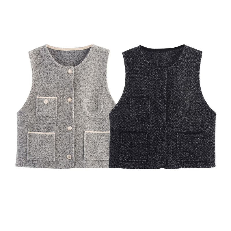 Kaslead New Women Clothes Western Style Fashion Bright Silk Graceful Round Neck Pocket Cardigan Sweater Vest