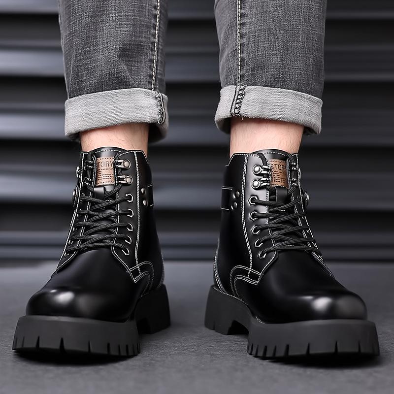 Winter Men'S High Top Boots British Style Chunky Sole Round Toe Plush Lined Leather Boots Non-Slip Warm Comfortable Snow Shoes