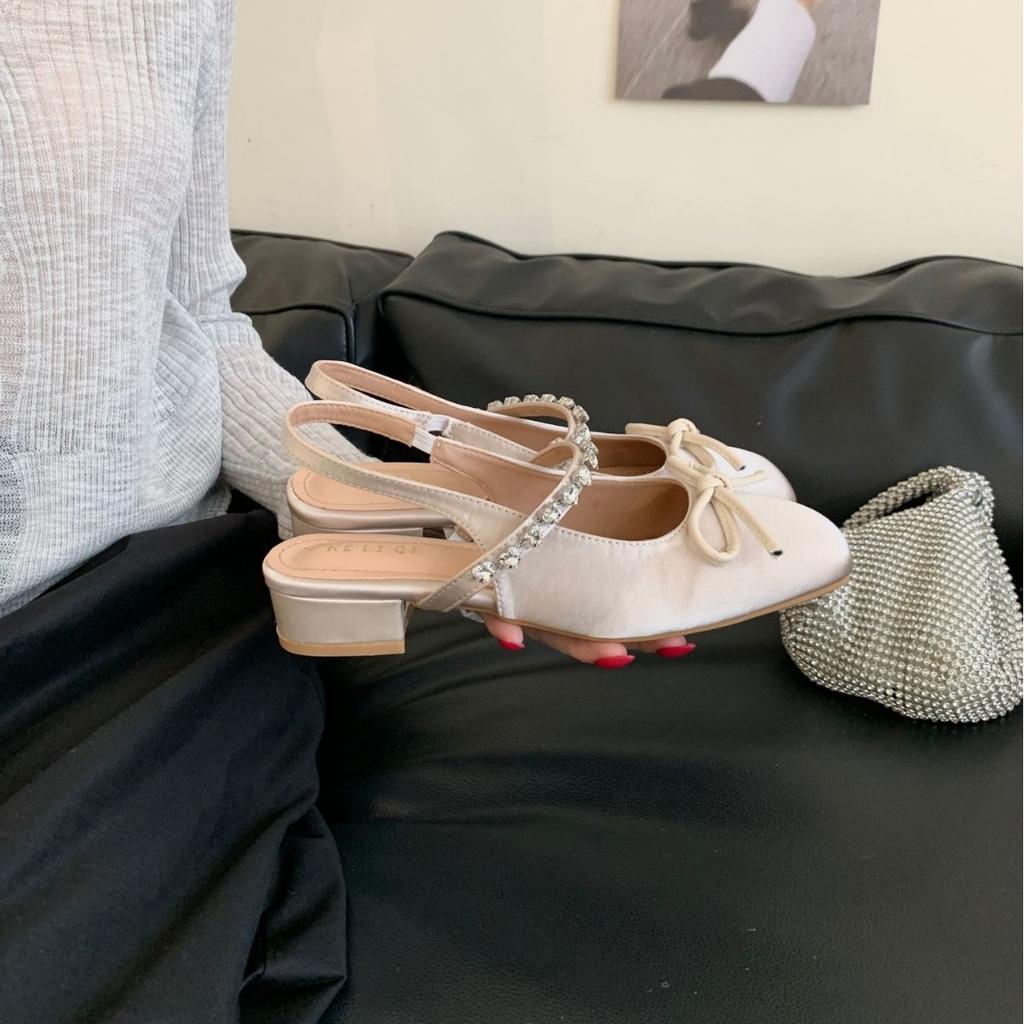 2025 new autumn round head with satin rhinestone bow thick heel back empty OL commuter work women's shoes