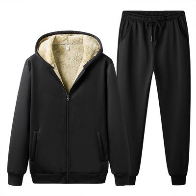 Men's Suit Lamb Fleece Hooded Sweater Warm One Set with Leisure Sports Two-piece Trend