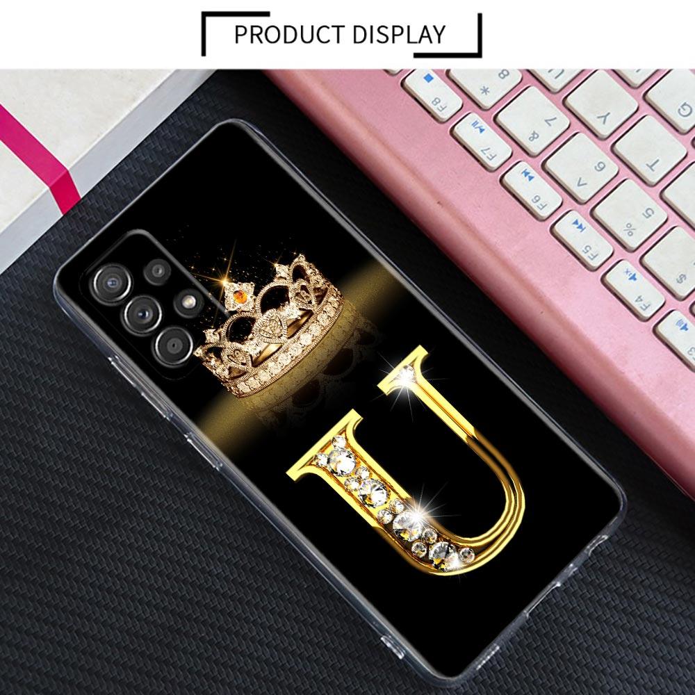 Diamond Crown Initials Letter N T Z P Case For Samsung Galaxy A55 A35 A06 A52 5G A53 A72 A53 A15 A51 A33 A32 A41 A23 Phone Cover